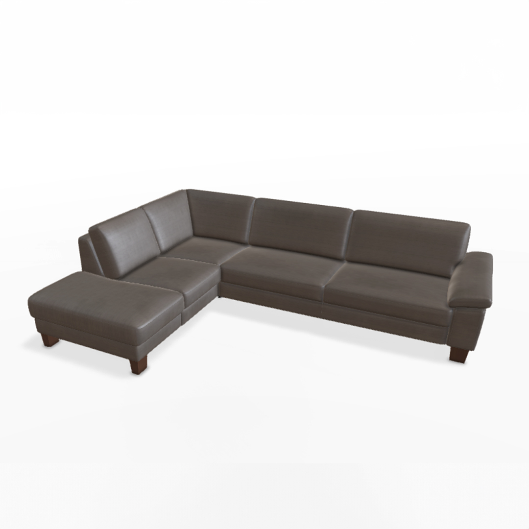 Graues Ecksofa mit Sitzkissen.